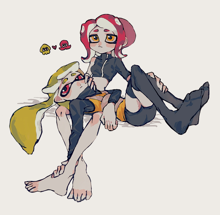 agent_3_(splatoon) agent_8_(splatoon) asymmetrical_sleeves bodysuit closed_mouth high-visibility_vest inkling inkling_girl lime_raimu multiple_girls octarian octoling octoling_girl red_hair sleeveless sleeveless_bodysuit splatoon_(series) splatoon_2 splatoon_2:_octo_expansion suction_cups tentacle_hair uneven_sleeves vest yellow_vest