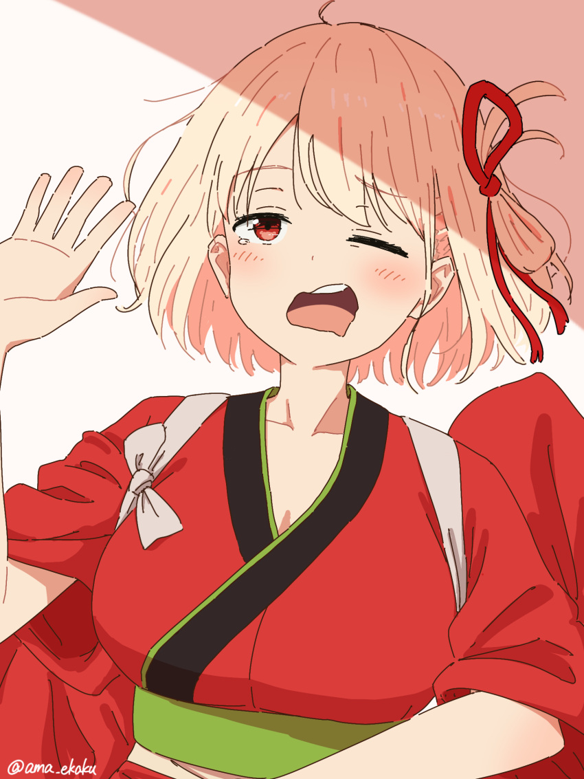 1girl ama_(ama_ekaku) blonde_hair blush breasts cleavage commentary_request hair_ribbon highres japanese_clothes kimono large_breasts looking_at_viewer lycoris_recoil nishikigi_chisato obi official_alternate_costume one_eye_closed one_side_up open_mouth red_kimono red_ribbon ribbon sash shade short_hair sleepy solo tasuki tearing_up teeth twitter_username upper_body upper_teeth_only