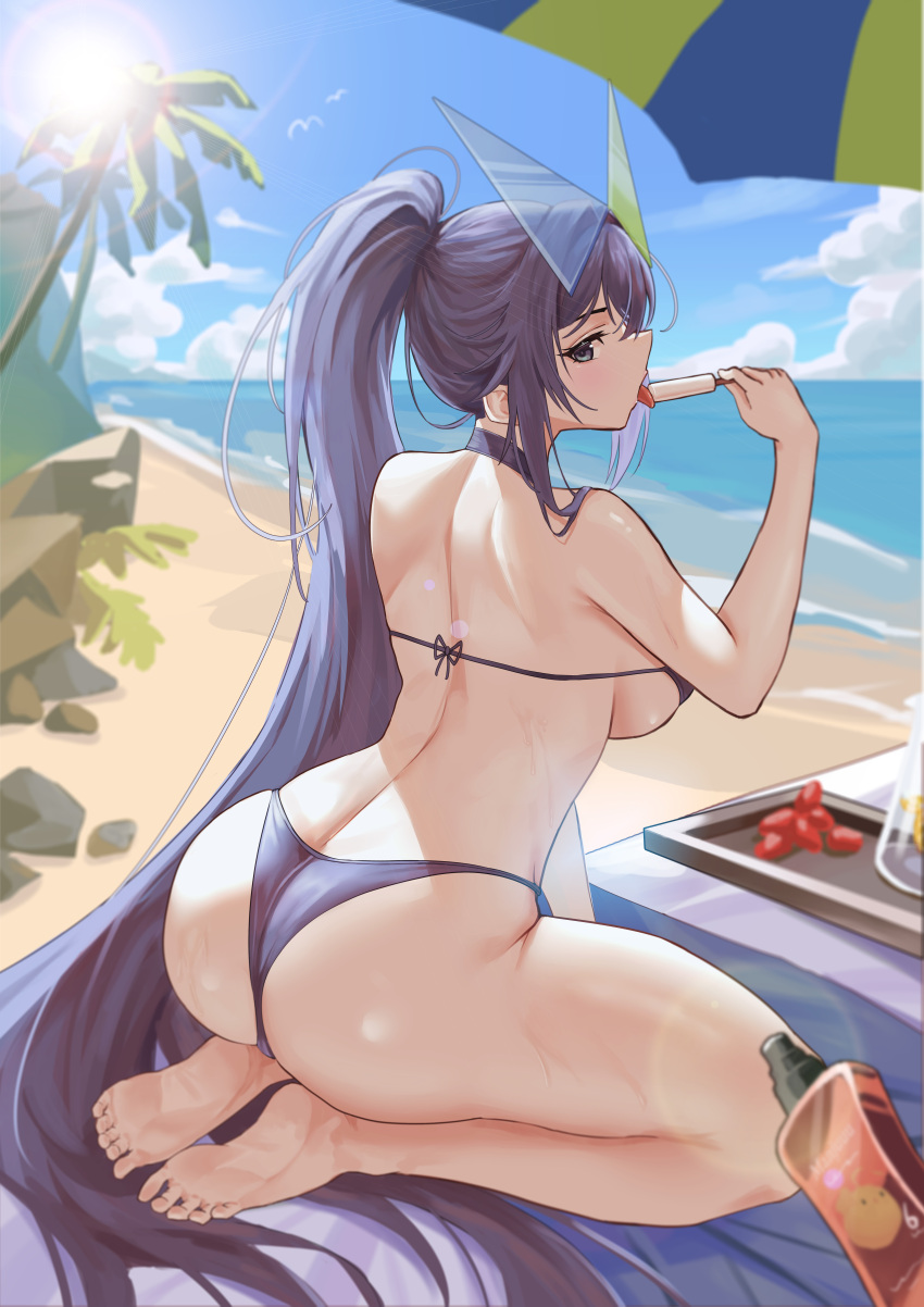 1girl absurdres amam_(64943468) ass azur_lane barefoot beach bikini blue_eyes blue_hair blue_sky breasts food highres large_breasts long_hair lotion new_jersey_(azur_lane) new_jersey_(midsummer_leisure)_(azur_lane) ponytail popsicle sky sunscreen swimsuit tongue very_long_hair