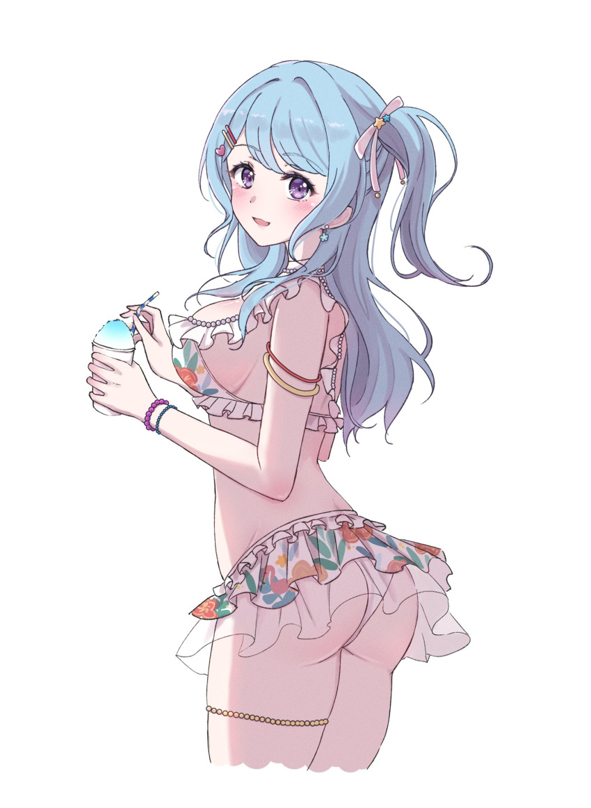 1girl armlet ass bang_dream! bikini bikini_skirt blue_hair blush bracelet breasts cropped_legs drinking_straw earrings floral_print floral_print_bikini flower_earrings food frilled_bikini frills from_side gem hair_ornament hair_ribbon hairclip heart highres holding holding_food jewelry large_breasts long_hair looking_at_viewer looking_to_the_side matsubara_kanon one_side_up open_mouth pearl_(gemstone) ppora purple_eyes ribbon shaved_ice sideboob simple_background smile solo star_(symbol) swimsuit thigh_strap white_background white_bikini