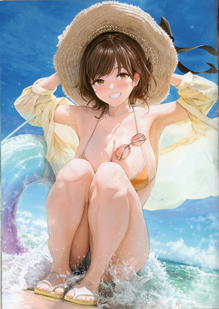 1girl absurdres akita_hika armpits bikini bikini_top_only blue_sky blush breasts brown_eyes brown_hair cleavage cloud cloudy_sky collarbone day full_body hat highres holding innertube large_breasts long_sleeves looking_at_viewer ocean open_clothes open_shirt original outdoors parted_lips sandals scan see-through shirt shorts sky smile solo squatting sun_hat sunglasses swim_ring swimsuit teeth thighs toeless_footwear toes unworn_eyewear water water_drop