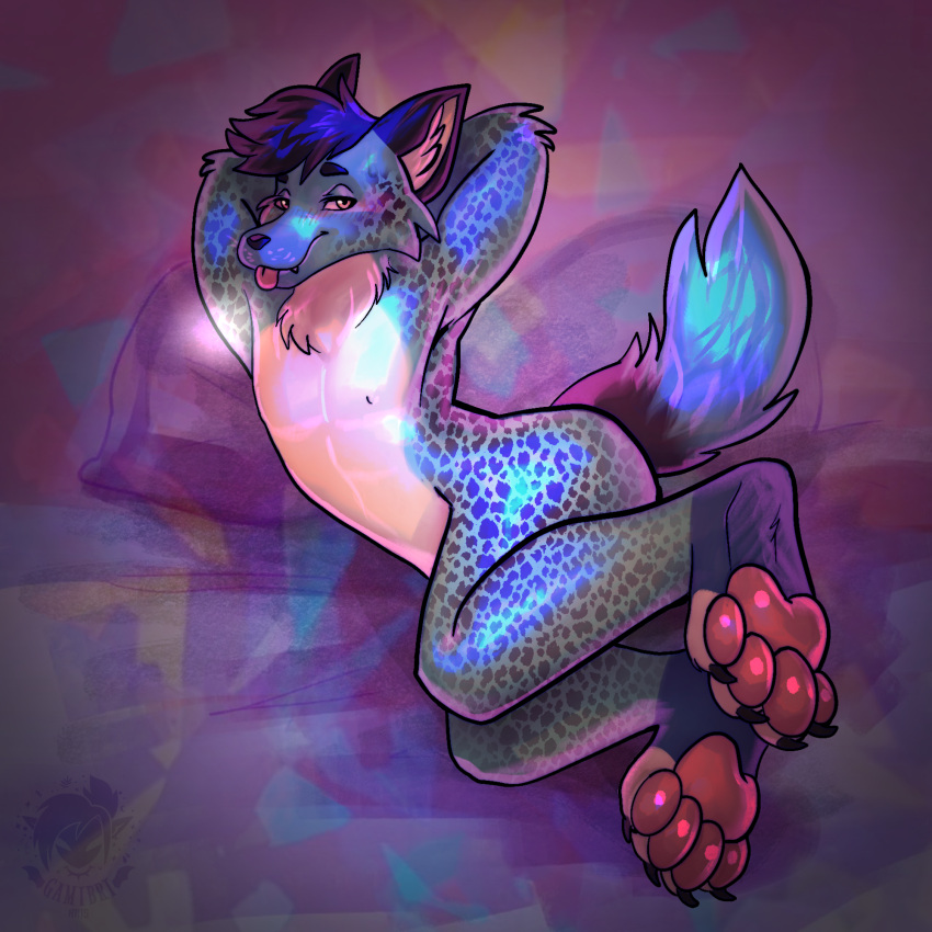 akio anthro big_feet blue_body blue_fur canid canine feet filtered_background fur gamibri girly gradient_fur hands_behind_head hi_res hybrid hyena looking_at_viewer lying male male/male mammal markings pawpads pink_pawpads solo spots spotted_body spotted_fur tongue tongue_out yellow_eyes