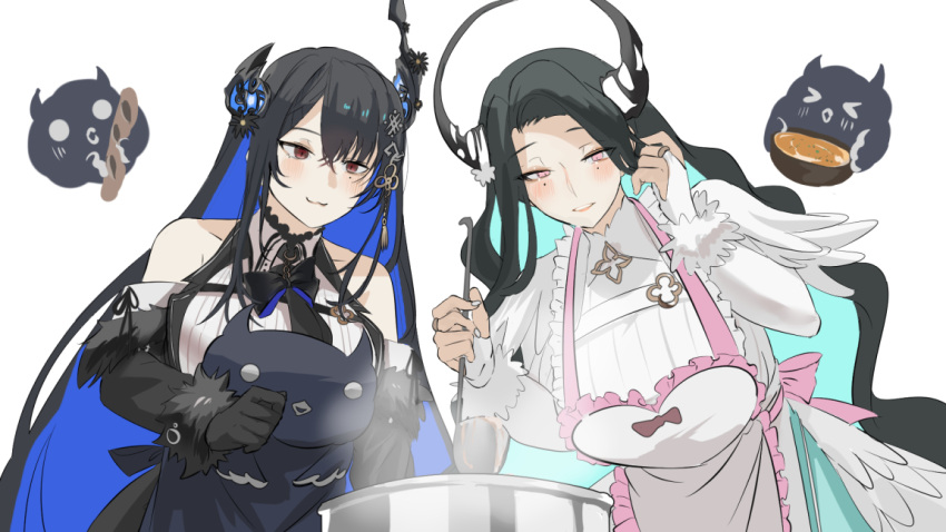 apron asymmetrical_horns black_hair blue_hair blush breasts colored_inner_hair cooking demon_horns hair_ornament hololive hololive_english horns jailbird_(nerissa_ravencroft) long_hair malpha_ravencroft mole mole_under_eye multicolored_hair nerissa_ravencroft pink_eyes red_eyes set7 siblings simple_background sisters smile two-tone_hair uneven_horns virtual_youtuber