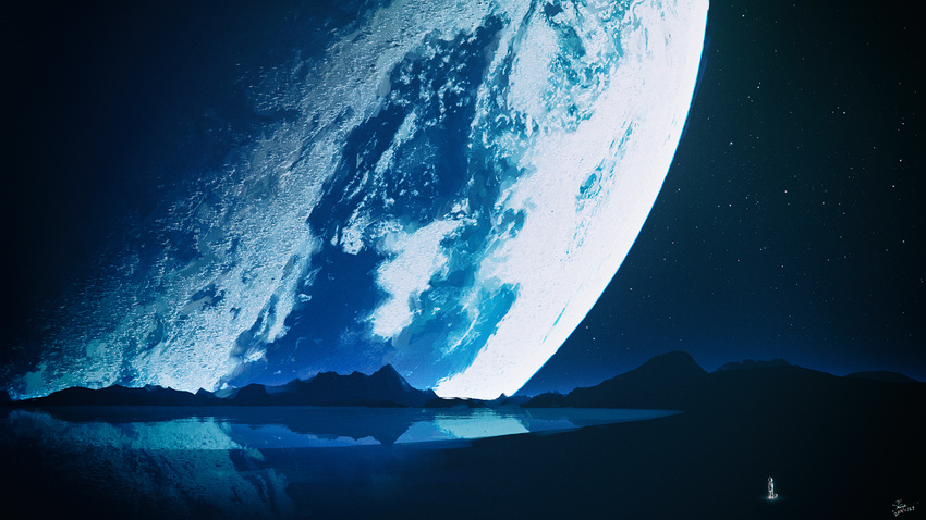 cloud commentary_request highres lake mountainous_horizon night night_sky original outdoors planet reflection scenery signature sky skybase solo space star_(sky) starry_sky