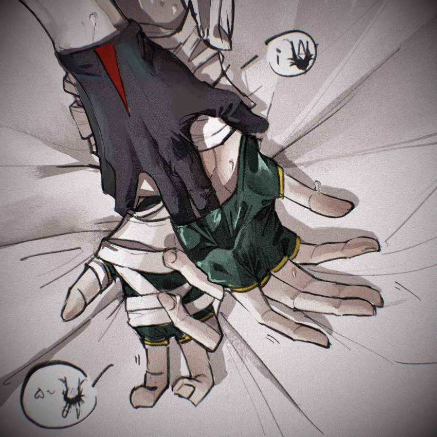 2boys bandaged_hand bandages bandages_over_clothes bed_sheet black_gloves blade_(honkai:_star_rail) chinese_commentary commentary_request dan_heng_(honkai:_star_rail) fingerless_gloves fingernails gloves green_gloves hand_focus hand_under_clothes highres holding_another's_wrist holding_hands honkai:_star_rail honkai_(series) kang_qiaqia male_focus multiple_boys spoken_character yaoi
