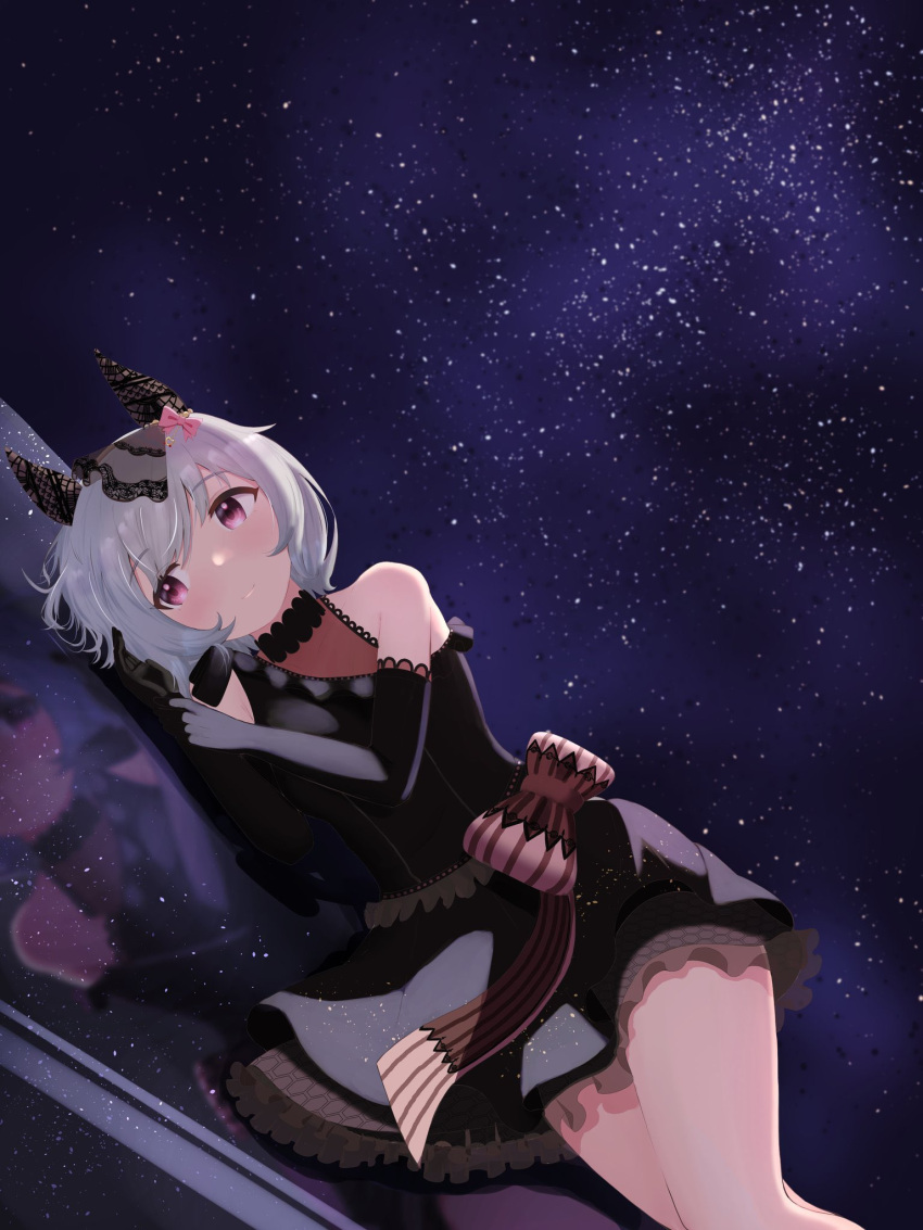 1girl animal_ears bare_shoulders black_dress black_gloves bonchenpint bow breasts curren_chan_(sakutsuki_ma_cherie)_(umamusume) dress ear_covers elbow_gloves gloves grey_hair hashtag_only_commentary highres horse_ears horse_girl horse_tail lying medium_breasts official_alternate_costume on_side pink_bow purple_eyes reflection short_hair sky solo star_(sky) starry_sky tail umamusume