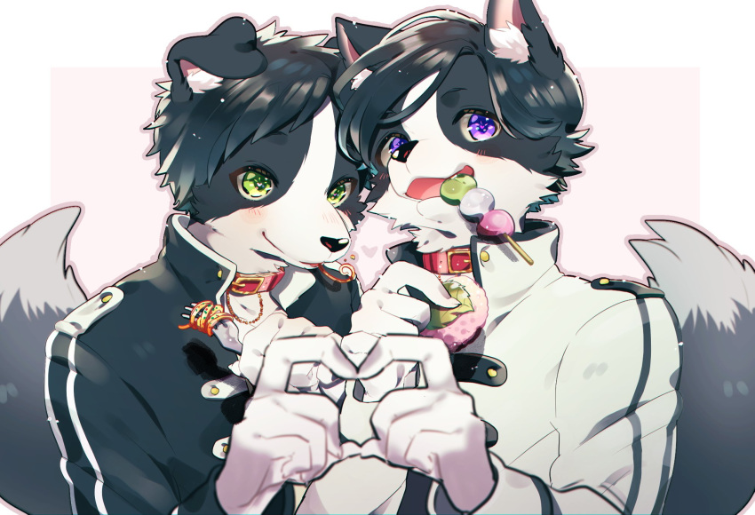 2boys animal_collar animal_ear_fluff animal_ears bishounen black_fur black_hair black_jacket body_fur claws collar dango dog_boy dog_ears dog_tail eating fang food food_in_mouth fork furry furry_male green_eyes grey_jacket hands_up heart heart_hands heart_hands_duo high_collar highres holding holding_food holding_fork jacket light_blush long_sleeves looking_at_viewer mokotalow11 mouth_hold multiple_boys open_mouth original pasta pink_background purple_eyes red_collar sakura_mochi sanshoku_dango short_hair siblings simple_background slurping spaghetti tail twins upper_body wagashi white_fur