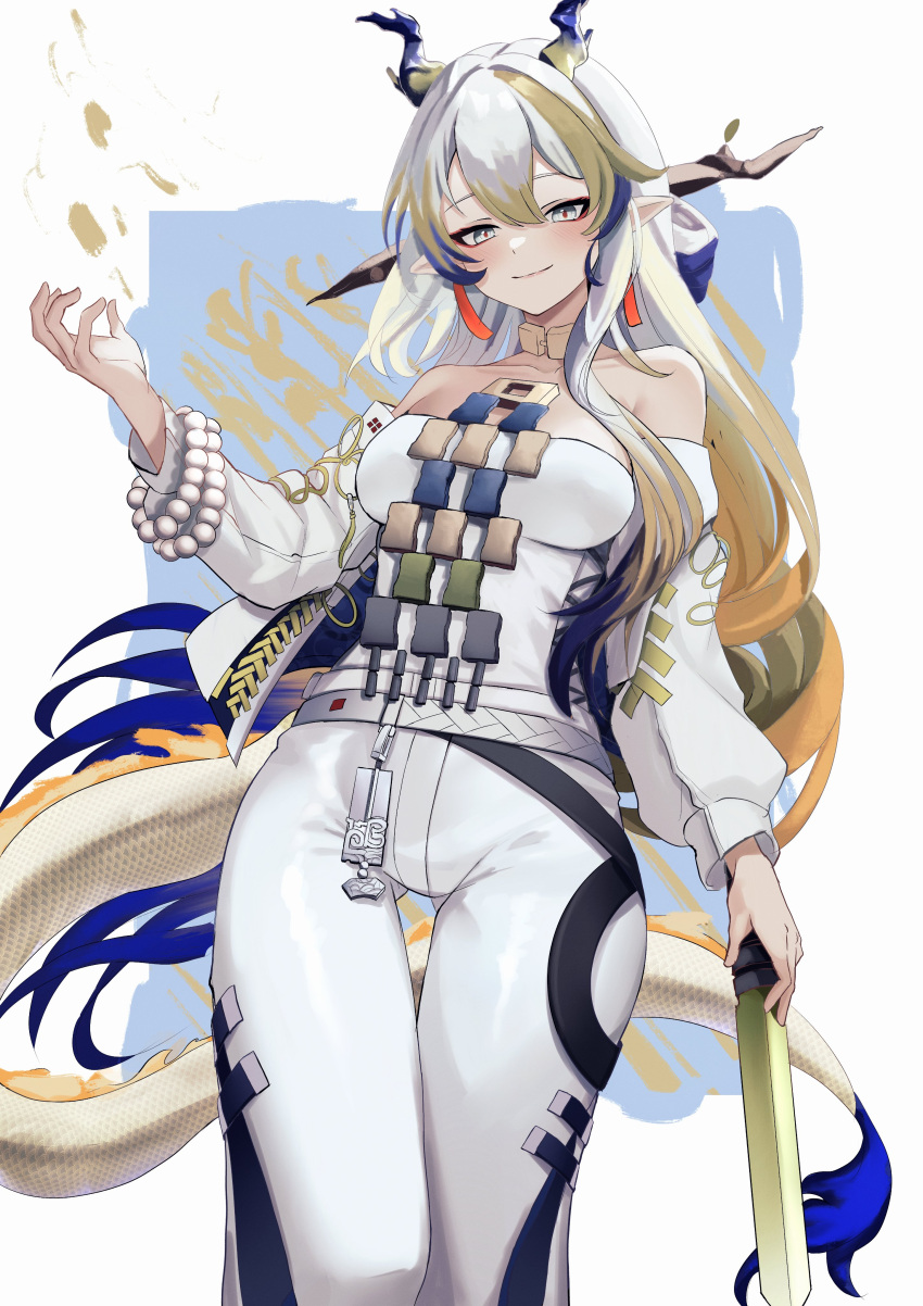 1girl absurdres arknights bare_shoulders bead_bracelet beads blonde_hair blue_hair bracelet breasts commentary_request cowboy_shot grey_eyes highres horns jacket jewelry leggings long_hair looking_at_viewer medium_breasts multicolored_hair off_shoulder open_clothes open_jacket pants pointy_ears shu_(arknights) smile solo standing strapless streaked_hair thighs tube_top very_long_hair white_hair white_jacket white_pants yan_kodiac