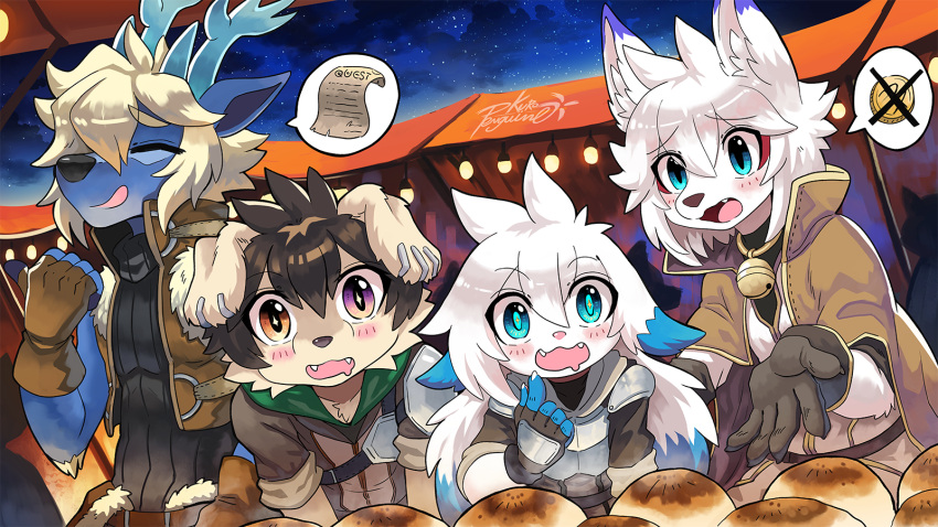 16:9 5_fingers aiden_(penguinexperience) anthro antlers canid canine canis clothed clothing deer dipstick_ears domestic_dog fingers food fox gloves group hair handwear hi_res horn inner_ear_fluff kemono ladon_(character) male mammal multicolored_ears open_mouth open_smile penguinexperience smile speech_bubble tuft widescreen