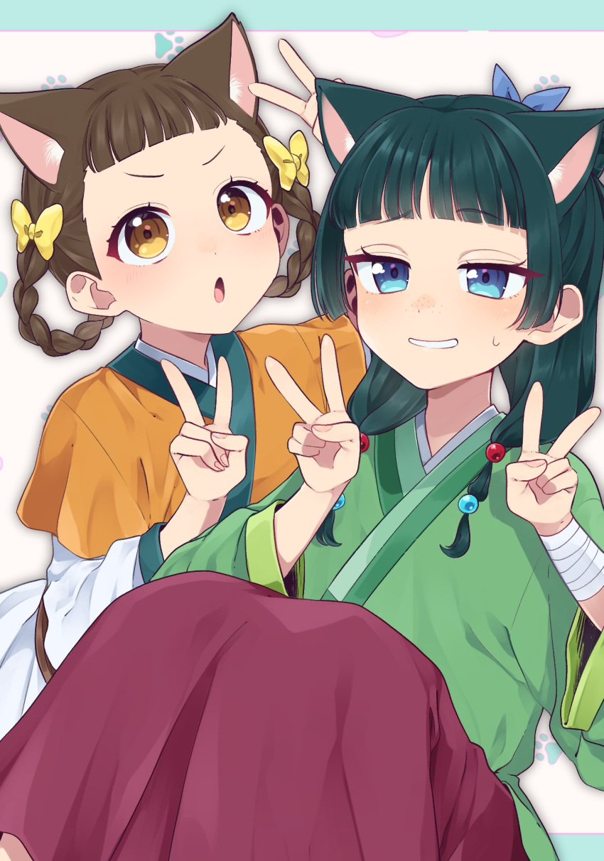 2girls animal_ears bandaged_arm bandages blue_eyes brown_hair cat_ears character_request chinese_clothes double_v gao_toratora green_hair hair_between_eyes hair_ornament highres kusuriya_no_hitorigoto long_hair long_sleeves maomao_(kusuriya_no_hitorigoto) multiple_girls open_mouth smile teeth v yellow_eyes