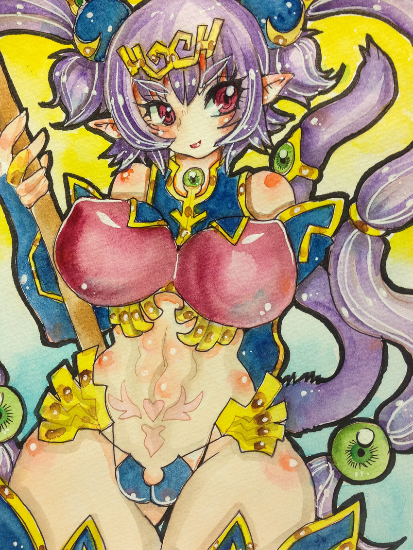 1girl artist_request breasts curvy erect_nipples female huge_breasts long_hair pubic_tattoo purple_hair queen's_blade queen's_blade_grimoire red_eyes seiten_(queen's_blade) shiny_skin smile solo tail tattoo thong tiara traditional_media twintails