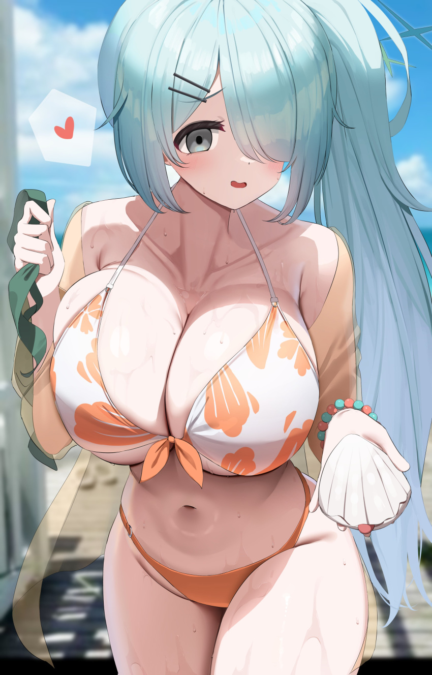 1girl absurdres aqua_hair bikini blue_archive bracelet breasts collarbone conch front-tie_bikini_top front-tie_top hair_ornament hair_over_one_eye hairclip heart highres hiyori_(blue_archive) jewelry large_breasts looking_at_viewer navel nicorima outdoors solo swimsuit thighs