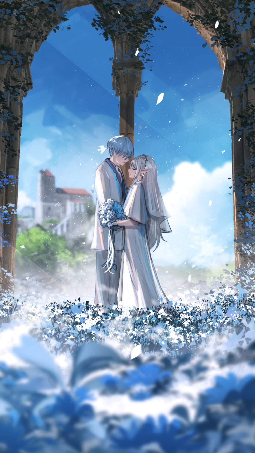 1boy 1girl advarcher blue_flower blue_hair blue_sky blurry blurry_foreground bouquet closed_eyes cloud cloudy_sky commentary couple day dress elf english_commentary field flower flower_field frieren full_body hair_down hair_over_eyes hetero highres himmel_(sousou_no_frieren) holding holding_bouquet light_particles long_hair no_eyes pointy_ears scenery short_hair sky sousou_no_frieren standing suit variant_set very_long_hair wedding wedding_dress white_dress white_hair white_suit wide_shot