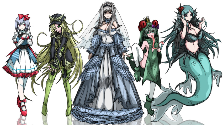 5girls animal_costume aqua_bra aqua_hair black_gloves black_headwear black_jacket black_souls black_tiara blue_eyes blue_hair boots bow bra breasts brown_eyes cinderella_(black_souls) closed_mouth clothing_cutout crown detached_collar detached_sleeves dress epaulettes fingerless_gloves fins frilled_dress frills frog_costume frog_princess_(black_souls) full_body gloves green_eyes green_footwear green_gloves green_hair grey_hair hair_bow hair_over_one_eye hand_on_own_face head_fins highres holding jacket koshou_shou_mitsu large_breasts leg_up lineup little_mermaid_(black_souls) long_hair long_sleeves long_tongue looking_at_viewer mermaid monster_girl multiple_girls naked_tabard pantyhose prehensile_tongue rapunzel_(black_souls) red_bow red_eyes red_footwear shaded_face simple_background small_breasts smile snow_white_(black_souls) stomach tabard thigh_boots thighhighs tongue underwear veil white_background white_dress white_pantyhose white_thighhighs