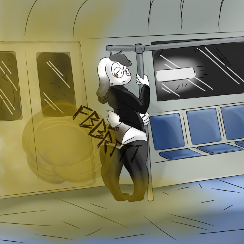 2022 anthro butt clothed clothing digital_media_(artwork) fart fart_cloud feces hi_res inside_train lagomorph leporid mammal mintyskunk panties public public_transportation rabbit scat soiling soiling_underwear solo tail train underwear vehicle