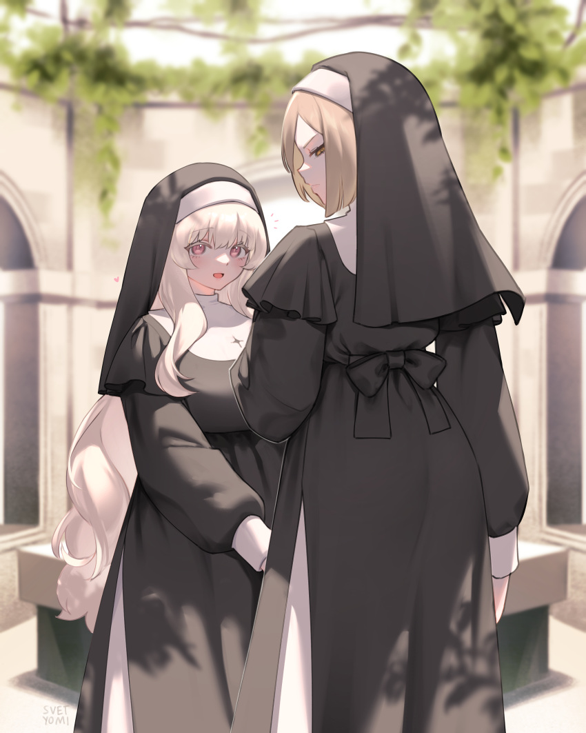 2girls absurdres ass black_bow blanche_neige_(svet_yomi) blonde_hair bow breasts character_request closed_mouth collar frown habit highres large_breasts long_sleeves looking_at_viewer multiple_girls nun open_mouth original outdoors pink_eyes puffy_long_sleeves puffy_sleeves scowl short_hair side_slit sidelocks smile svet_yomi traditional_nun veil white_collar white_hair yellow_eyes