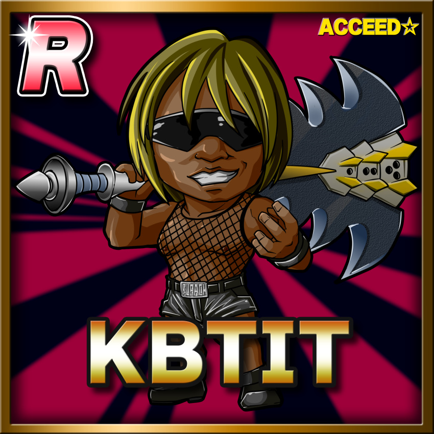 1boy axe black_background black_footwear black_shorts blonde_hair border brown_border card_(medium) card_parody character_name chibi commentary_request copyright_name dark-skinned_male dark_skin fishnet_top fishnets full_body grin gyaruo highres holding holding_axe latex_shorts looking_at_viewer male_focus manatsu_no_yo_no_inmu medium_bangs meta_meta nipples red_background shoes short_hair shorts smile solo sparkle standing star_(symbol) sunburst sunburst_background sunglasses takuya_(acceed) wrap-around_shades