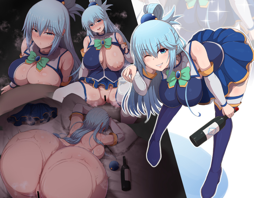 :d alternate_breast_size aqua_(konosuba) ass bar_censor bed blue_eyes blue_footwear blue_hair blue_shirt blue_thighhighs blush boots bottle bottomless bow bowtie breasts censored clenched_teeth commentary_request completely_nude cup detached_sleeves drunk full_body glass green_bow green_bowtie half-closed_eyes heavy_breathing highres holding holding_cup huge_breasts impossible_clothes impossible_shirt kono_subarashii_sekai_ni_shukufuku_wo! leaning long_hair looking_at_viewer lying multiple_views nipples nude on_stomach one_eye_closed pillow ponponmaru pussy shirt single_hair_ring skin_tight skirt smile spread_legs standing sweat teeth thigh_boots thighhighs thighhighs_under_boots unworn_skirt wine_bottle