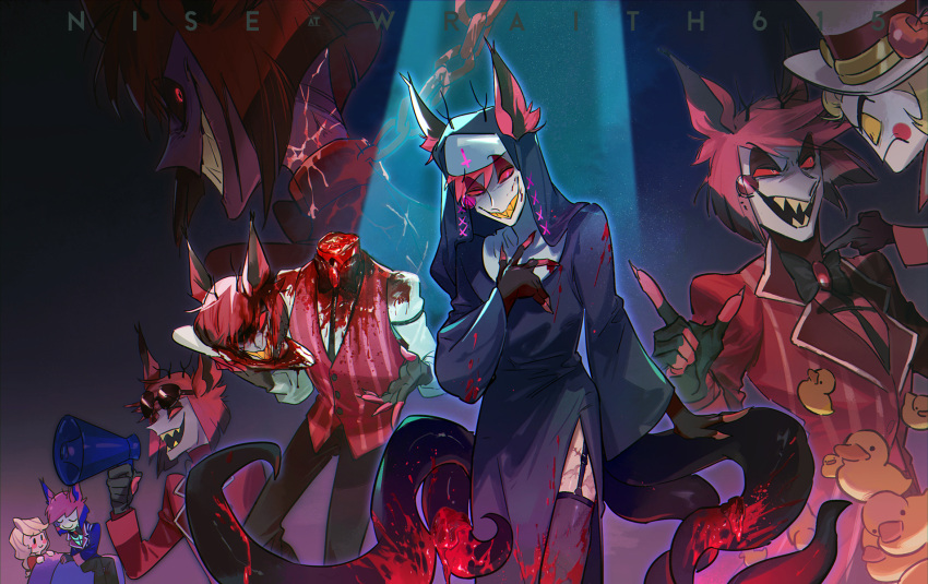 alastor_(hazbin_hotel) animal_humanoid blood bodily_fluids charlie_morningstar clothed clothing crossdressing daughter_(lore) decapitation deer deer_humanoid demon demon_humanoid father_(lore) father_and_child_(lore) father_and_daughter_(lore) female gore group hat hazbin_hotel headgear headwear helltaker hi_res humanoid lucifer_(helltaker) male mammal mammal_humanoid nun_outfit parent_(lore) parent_and_child_(lore) parent_and_daughter_(lore) rubber_duck severed_head sharp_teeth solo_focus teeth tentacles trio wraith615 yellow_teeth