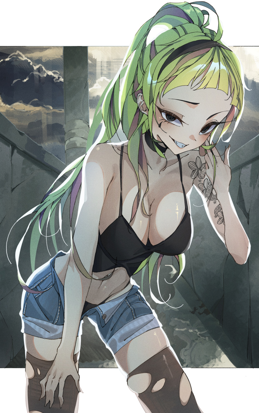 1girl absurdres bare_shoulders black_camisole black_choker black_eyes black_hairband black_panties blue_shorts breasts brown_thighhighs camisole choker cloud crop_top cut_bangs greeen_891 green_hair grin hairband hand_on_own_thigh highres large_breasts leaning_forward long_hair looking_at_viewer midriff multicolored_hair navel open_clothes open_shorts original panties pink_hair ponytail purple_hair rain sharp_teeth shorts skindentation smile solo streaked_hair tattoo teardrop_tattoo teeth thighhighs torn_clothes torn_thighhighs underwear very_long_hair