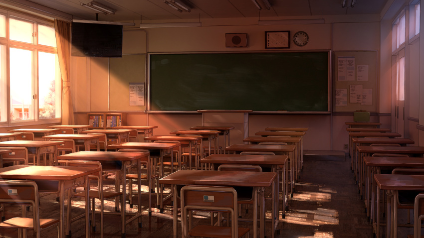 absurdres chair chalkboard classroom clock commentary_request desk highres indoors light_rays marutenmaruten no_humans original perspective scenery school school_chair school_desk speaker sunbeam sunlight sunset television wall_clock window window_shade