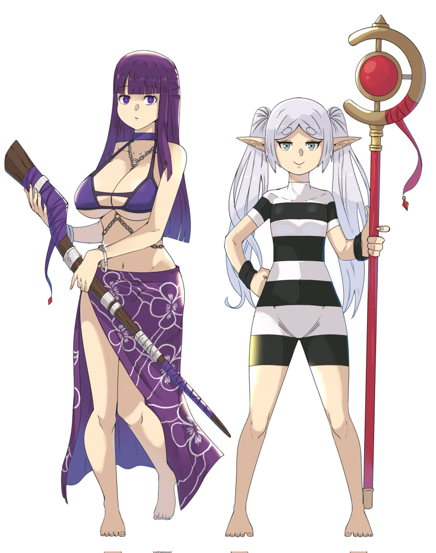 2girls alternate_costume bikini blunt_bangs breasts commentary covered_navel english_commentary fern_(sousou_no_frieren) flat_chest frieren full_body green_eyes highres holding holding_staff large_breasts long_hair multiple_girls one-piece_swimsuit pointy_ears purple_bikini purple_eyes purple_hair purple_pupils purple_skirt simple_background skirt smile sousou_no_frieren staff straight_hair striped_clothes striped_one-piece_swimsuit swimsuit twintails wanderjegson white_background white_hair