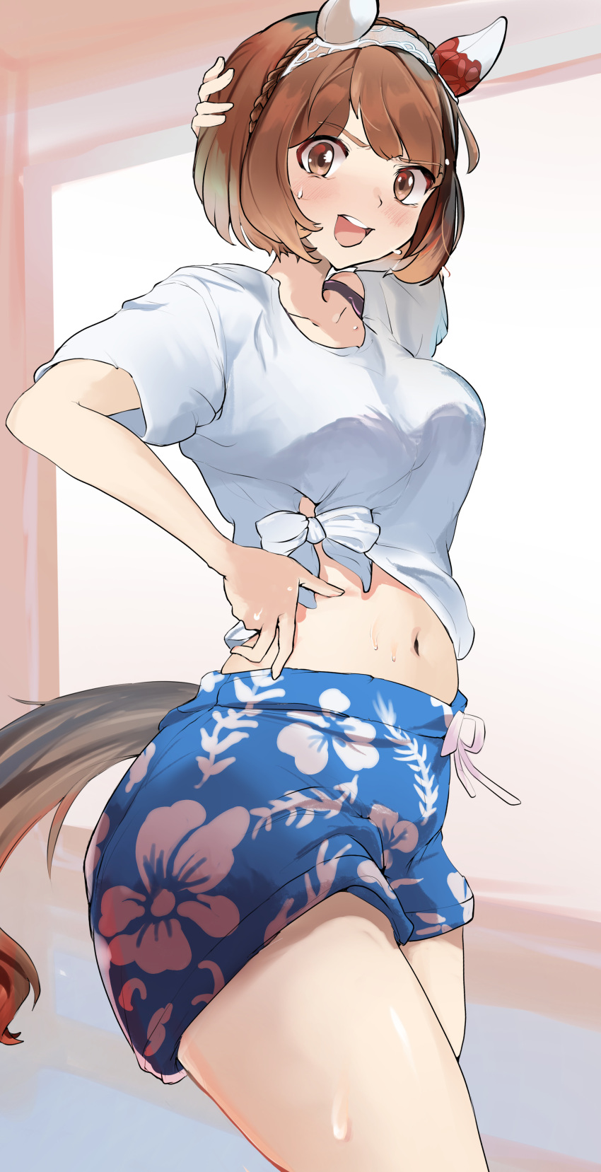 absurdres animal_ears arm_up blue_shorts blush braid brown_eyes brown_hair commentary_request cowboy_shot crown_braid ear_covers fagrp12 floral_print gaze_on_me!_outfit_(umamusume) hairband hand_on_own_hip highres horse_ears horse_girl horse_tail looking_at_viewer midriff navel open_mouth shirt short_hair short_sleeves shorts smile tail teeth tied_shirt umamusume upper_teeth_only white_hairband white_shirt yukino_bijin_(umamusume)