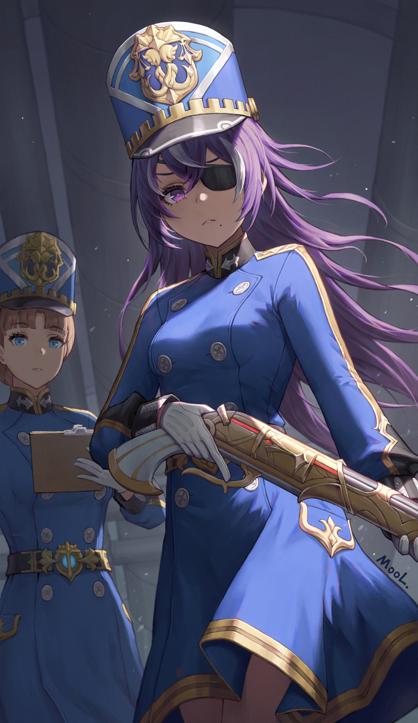 &gt;:( 2girls absurdres alternate_costume antique_firearm artist_name belt blue_coat blue_eyes blue_headwear blunt_bangs breasts brown_hair buttons chevreuse_(genshin_impact) clipboard closed_mouth coat coat_dress commentary_request cowboy_shot crossed_bangs double-breasted dress eyepatch frown genshin_impact gloves gold_trim gun hair_between_eyes hat highres holding holding_clipboard holding_gun holding_weapon long_hair long_sleeves looking_at_viewer mole mole_under_mouth mool_yueguang multicolored_hair multiple_girls pocket pointy_hair purple_eyes purple_hair shako_cap short_hair sidelocks small_breasts solo_focus standing streaked_hair trigger_discipline two-tone_hair upper_body v-shaped_eyebrows weapon white_gloves white_hair