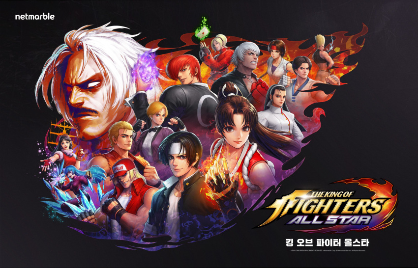 abs artificial_eye asamiya_athena ash_crimson biceps blonde_hair breasts brown_hair curtained_hair dark-skinned_male dark_skin dobok dougi facial_hair fatal_fury fatal_fury_cap fire gloves glowing glowing_eye heterochromia highres k'_(kof) kagura_chizuru kim_kaphwan king_(snk) kula_diamond kusanagi_kyou long_hair looking_at_viewer manly martial_arts_belt mechanical_eye multiple_boys multiple_girls muscular muscular_male mustache nikaidou_benimaru official_art omega_rugal pants pectorals psycho_soldier pyrokinesis red_eyes rugal_bernstein ryou_sakazaki ryuuko_no_ken shiranui_mai short_hair smile snk standing teeth terry_bogard the_king_of_fighters the_king_of_fighters_'95 the_king_of_fighters_all-stars white_hair yagami_iori yuri_sakazaki