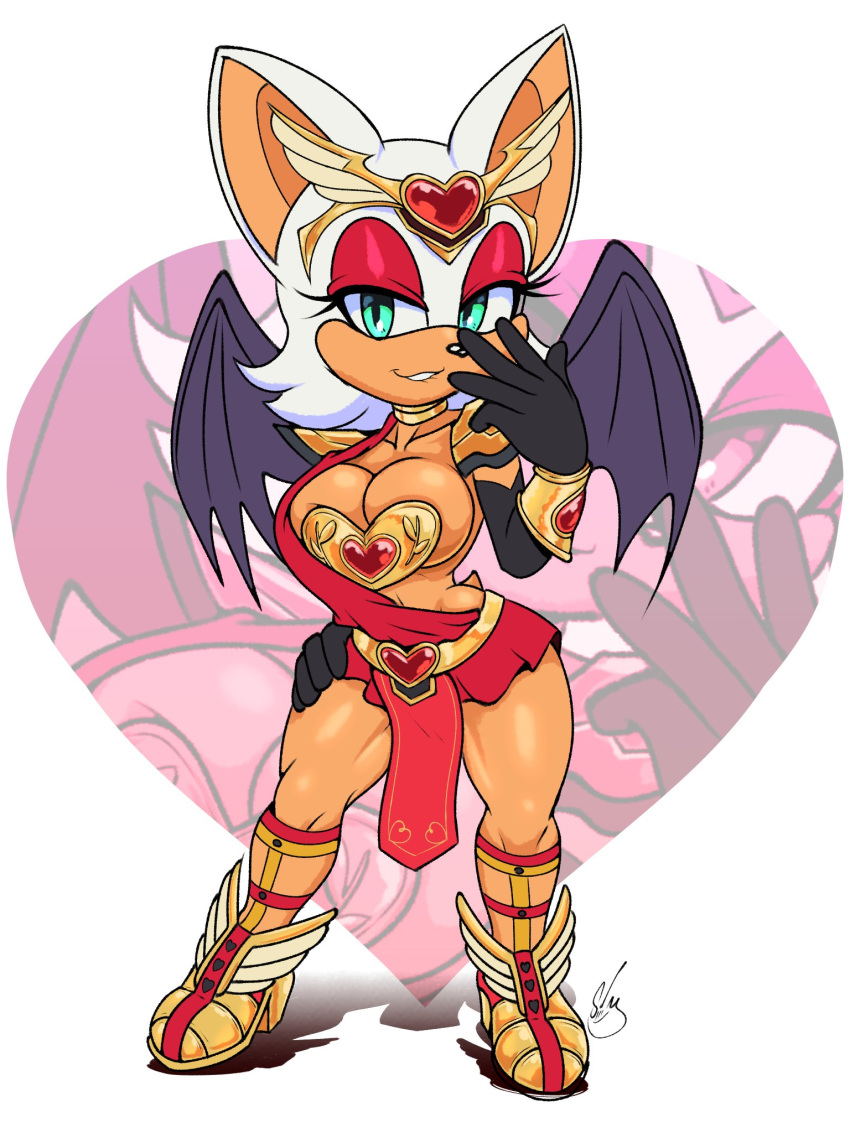 anthro armor barely_sly bat bedroom_eyes big_breasts breasts female hand_on_hip hi_res holidays huge_breasts mammal narrowed_eyes no_bra_under_clothes rouge_the_bat seductive sega solo sonic_the_hedgehog_(series) unconvincing_armor valentine's_day wide_hips