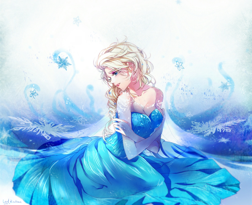 bare_shoulders blonde_hair blue_dress blue_eyes braid breasts bridal_gauntlets cleavage crossed_arms dress elsa_(frozen) frozen_(disney) highres large_breasts long_dress long_hair single_braid snowflakes solo yuimiku0422