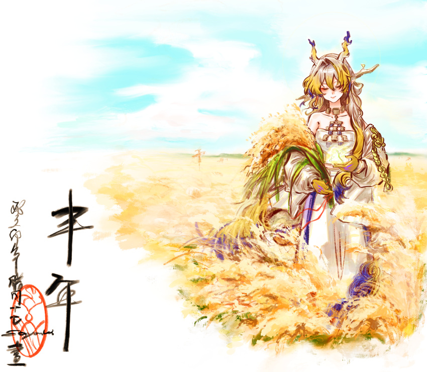 1girl absurdres arknights bare_shoulders blonde_hair blush border brown_hair chinese_commentary chinese_text closed_eyes collarbone commentary_request day dragon_girl dragon_horns dress field hair_between_eyes hair_intakes highres holding holding_plant horns lihouwang long_dress long_hair long_sleeves multicolored_hair off_shoulder outdoors plant puffy_long_sleeves puffy_sleeves purple_horns red_ribbon ribbon rope shu_(arknights) smile solo standing translation_request wheat white_border white_dress yellow_horns