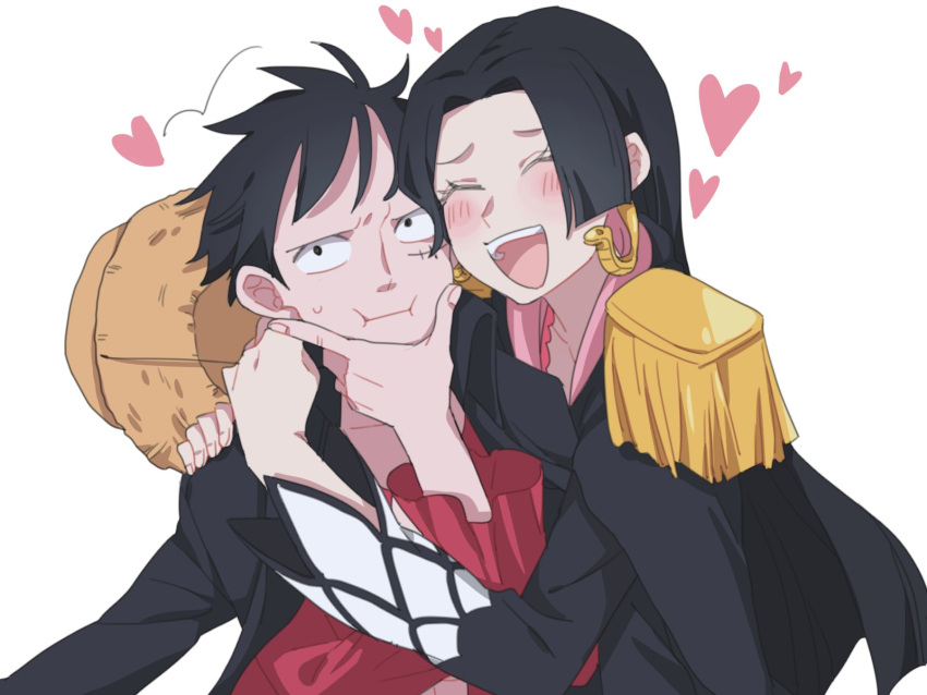 1boy 1girl black_eyes black_hair blush boa_hancock closed_eyes closed_mouth commentary_request earrings epaulettes hat heart highres hinata_(eine_blume) jewelry long_hair monkey_d._luffy one_piece open_mouth scar scar_on_cheek scar_on_face short_hair smile snake_earrings straw_hat teeth unworn_hat unworn_headwear