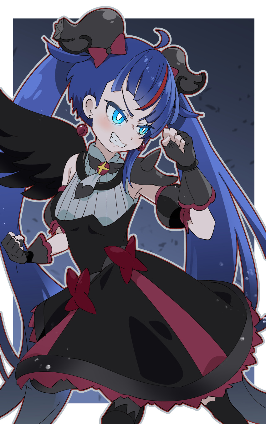 1girl absurdres armor black_dress black_thighhighs black_wings blue_eyes blue_hair bow bright_pupils brooch clenched_hands commentary cure_sky cut_bangs dark_cure_sky dark_persona detached_sleeves dress dress_bow earrings evil_grin evil_smile feathered_wings fingerless_gloves gloves greeeenmodoki2 grey_gloves grin highres hirogaru_sky!_precure jewelry leg_up long_hair looking_to_the_side magical_girl medium_dress multicolored_hair pauldrons precure puffy_detached_sleeves puffy_sleeves red_hair shoulder_armor single_pauldron single_sidelock single_wing sleeveless sleeveless_dress smile solo spiked_pauldrons standing standing_on_one_leg streaked_hair thighhighs twintails white_pupils wing_brooch wing_hair_ornament wings