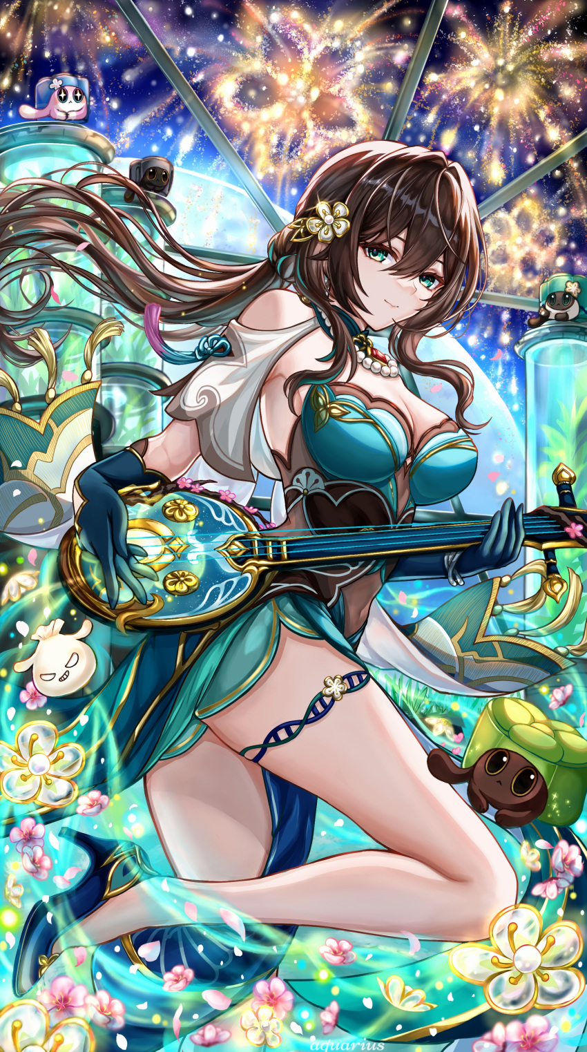 1girl absurdres aquariu27889147 armpit_peek bare_shoulders bead_necklace beads black_hair breasts brown_hair chinese_clothes cleavage closed_mouth clothing_cutout critter_pick_(honkai:_star_rail) dna dress fireworks flower from_side gloves green_dress green_gloves hair_between_eyes hair_flower hair_ornament high_heels highres holding holding_instrument honkai:_star_rail honkai_(series) instrument jewelry large_breasts long_hair looking_at_viewer necklace pearl_necklace ruan ruan_mei_(honkai:_star_rail) shoulder_cutout smile solo