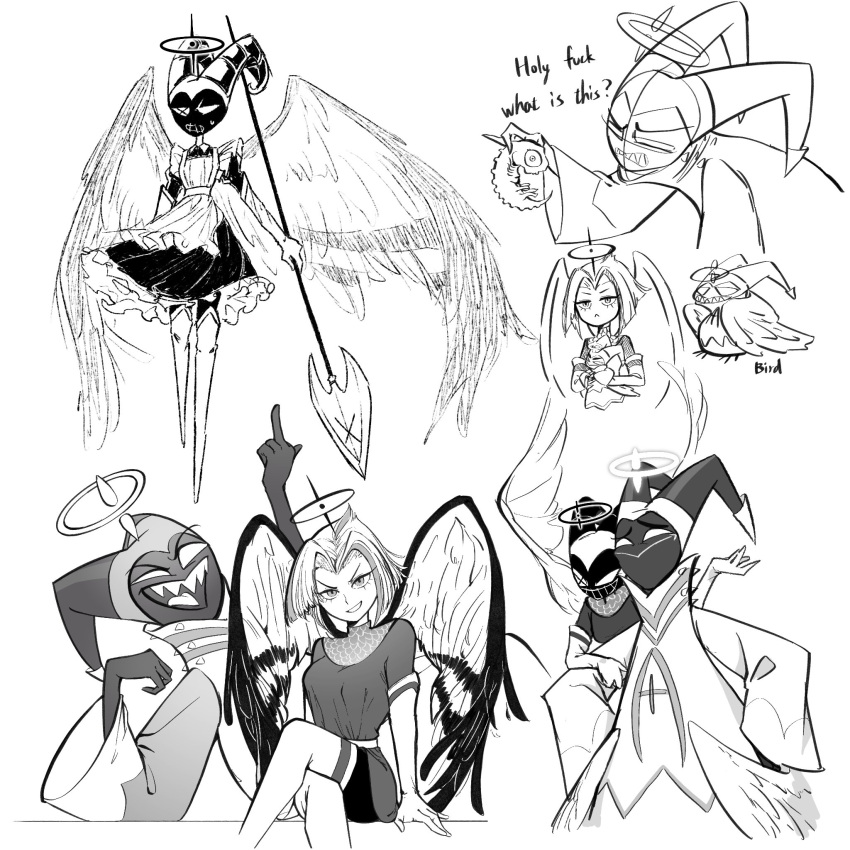 1boy 1girl :&gt; adam_(hazbin_hotel) aida_(aidacamelia0516) angel angel_wings apron crossed_legs eyelashes greyscale halo hazbin_hotel highres horns looking_at_viewer low_wings lute_(hazbin_hotel) maid maid_apron mask middle_finger monochrome polearm robe sharp_teeth smile smug spear teeth weapon wings