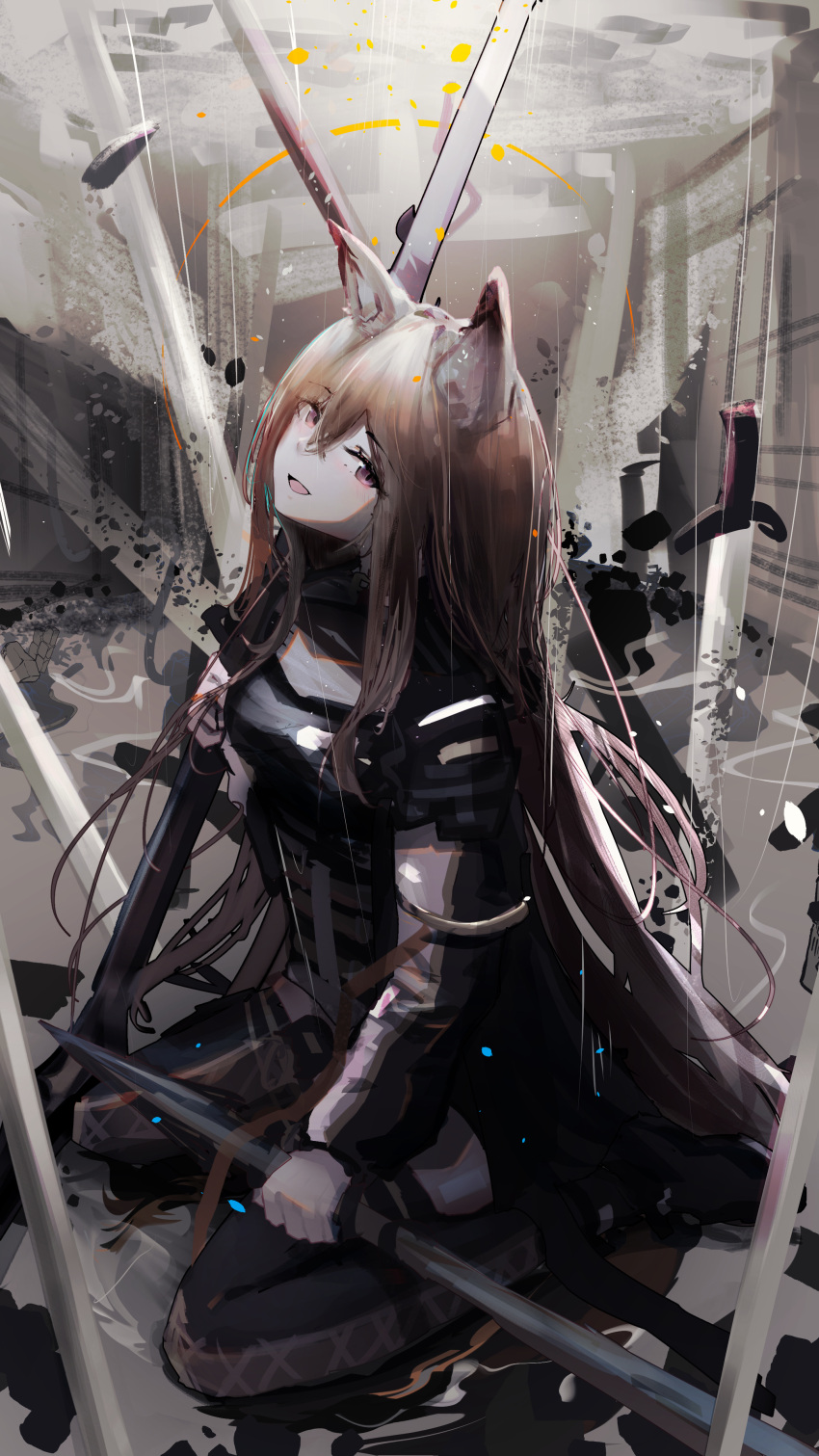 1girl absurdres animal_ears arknights black_jacket black_thighhighs brown_hair ceobe_(arknights) chinese_commentary commentary_request crossed_bangs dog_ears dog_girl hair_between_eyes highres holding holding_weapon jacket lemtun long_hair long_sleeves looking_at_viewer open_mouth red_eyes sidelocks sitting solo sword thighhighs wariza weapon