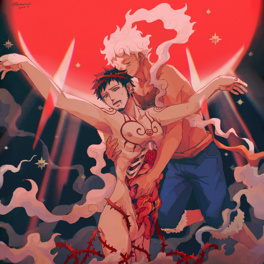 2boys armpits black_hair blood chest_tattoo closed_eyes cloud_hair commentary_request couple crown_of_thorns deep_wound demorzel devil_fruit earrings ero_guro facial_hair gear_fifth goatee guro hand_tattoo highres injury intestines jewelry monkey_d._luffy multiple_boys nipples nude one_piece organs ribs scar scar_on_cheek scar_on_chest scar_on_face short_hair shoulder_tattoo smile tattoo tears thorns topless_male torn_skin trafalgar_law white_hair yaoi