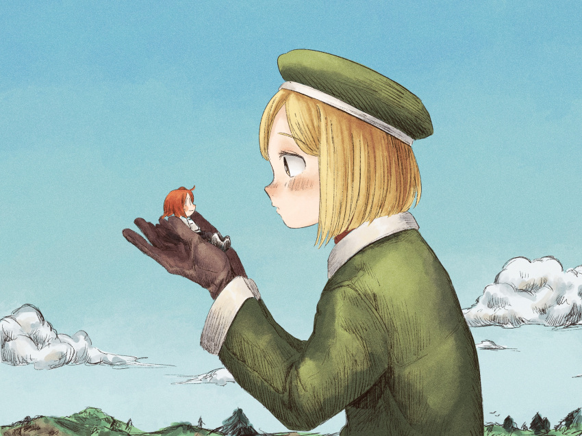 2girls beret black_gloves blonde_hair blue_sky blunt_ends blush bob_cut closed_mouth cloud commentary_request cupping_hands day eye_contact fate/grand_order fate_(series) fujimaru_ritsuka_(female) giant giantess gloves green_headwear green_jacket hand_up hat highres in_palm jacket long_sleeves looking_at_another mountainous_horizon multiple_girls nata_shelf nature orange_hair outdoors own_hands_together paul_bunyan_(fate) short_hair simple_bird sitting size_difference sky smile tree upper_body yellow_eyes