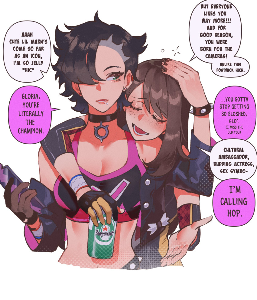 2girls aged_up alternate_breast_size alternate_hairstyle black_choker black_hair black_jacket black_sports_bra breasts brown_hair can cellphone choker cleavage drunk english_text gloria_(pokemon) gloves highres holding holding_can jacket large_breasts long_hair marnie_(pokemon) multiple_girls nyantcha phone pokemon pokemon_swsh short_hair smartphone speech_bubble sports_bra twintails upper_body