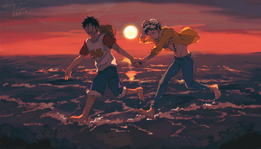 2022 2boys :d arm_tattoo barefoot black_hair blush chest_tattoo commentary_request dated demorzel denim dusk earrings facial_hair fur_hat goatee hand_tattoo hat highres holding_hands jeans jewelry looking_at_another looking_back male_focus monkey_d._luffy multiple_boys ocean one_piece outdoors pants scar scar_on_cheek scar_on_face shirt short_hair short_sleeves smile straw_hat sun sweatdrop tattoo teeth trafalgar_law twitter_username walking walking_on_liquid water yaoi yellow_eyes yellow_shirt