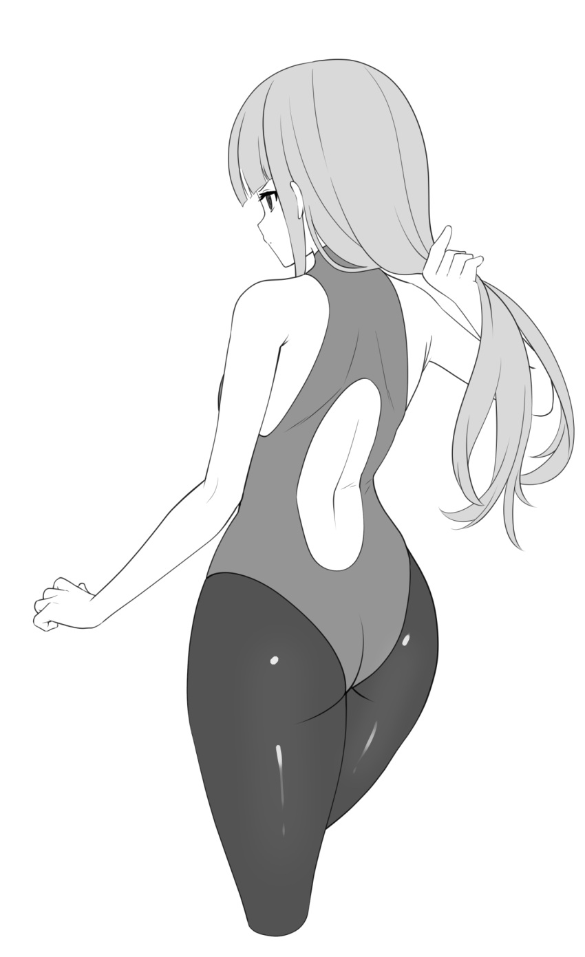 1girl ajidot ass backless_leotard bare_arms bare_shoulders closed_mouth cropped_legs greyscale highres holding holding_hair leotard long_hair monochrome original pantyhose profile simple_background solo very_long_hair white_background