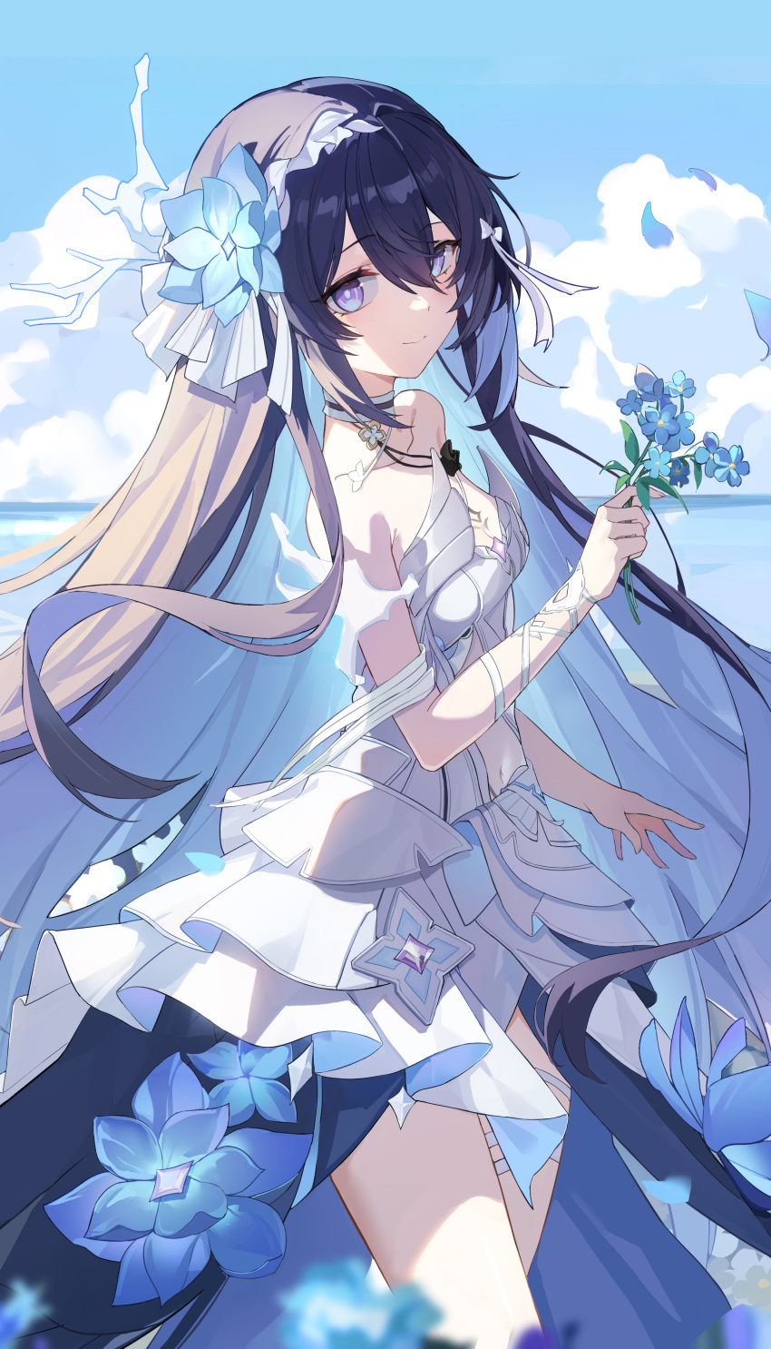 1girl absurdres bare_shoulders blue_flower breasts chenmu_sora colored_inner_hair cowboy_shot cropped day dress flower hair_between_eyes hair_flower hair_ornament highres holding holding_flower honkai_(series) honkai_impact_3rd long_hair multicolored_hair open_hand outdoors petals seele_vollerei seele_vollerei_(herrscher_of_rebirth) small_breasts smile solo standing very_long_hair white_dress white_headwear