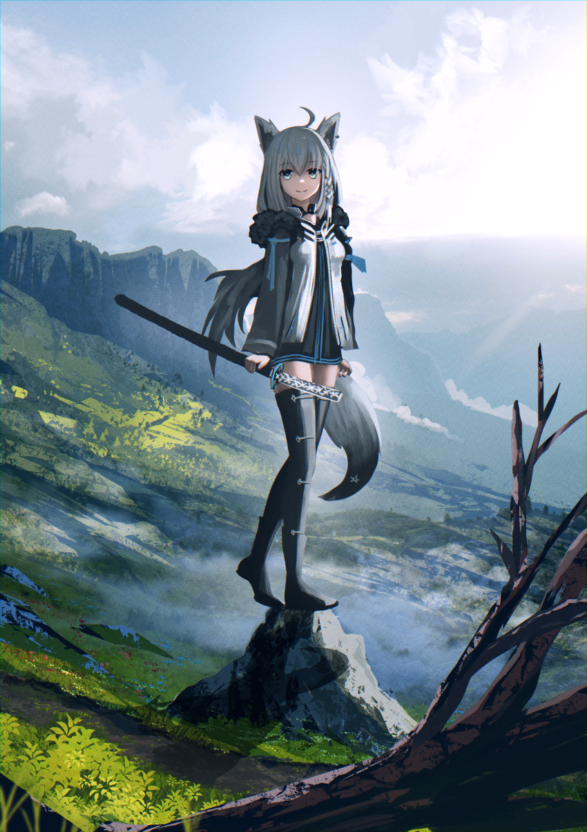 1girl absurdres advarcher ahoge animal_ear_fluff animal_ears bare_tree black_jacket blue_eyes blue_sky boots building closed_mouth cloud cloudy_sky commentary cropped cross day english_commentary floating_island fox_ears fox_girl fox_tail full_body fur_trim grass highres holding holding_sheath hololive jacket landscape long_sleeves official_alternate_costume open_clothes open_jacket outdoors rock sheath shirakami_fubuki shirakami_fubuki_(fubukitek) shirt sky smile solo standing sun sunlight sword tail thigh_boots tree virtual_youtuber weapon white_hair zettai_ryouiki