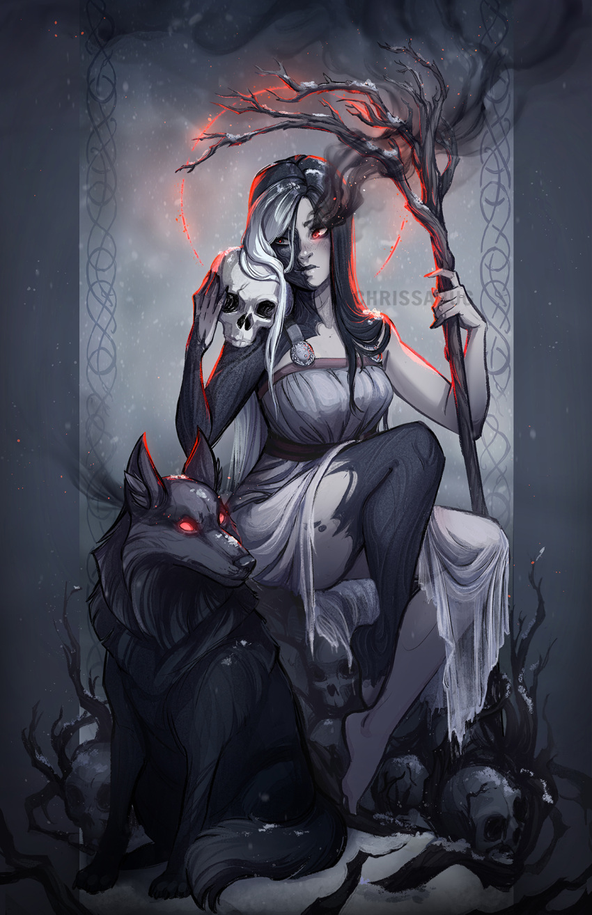 1girl animal barefoot black_dog black_hair black_skin bone chrissabug closed_mouth colored_sclera colored_skin commentary dog dress english_commentary garmr_(mythology) hel_(norse_mythology) highres holding holding_skull holding_staff long_hair multicolored_hair multicolored_skin no_pupils norse_mythology pale_skin red_eyes red_sclera sitting skull snow staff strapless strapless_dress toes two-tone_hair two-tone_skin white_dress white_hair