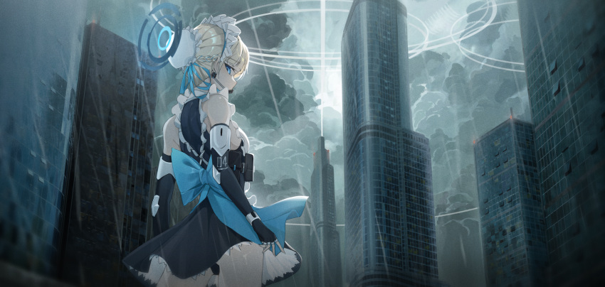 1girl apron ass bare_shoulders black_gloves black_panties blonde_hair blue_archive blue_bow blue_eyes blue_halo blue_ribbon bow braid breasts building bun_cover city cloud dress earpiece energy_beam fingerless_gloves french_braid frilled_apron frills from_behind gloves greeen_891 grey_sky hair_bun hair_ribbon halo highres looking_at_viewer looking_back maid maid_apron maid_headdress medium_breasts panties petticoat pouch rain ribbon short_dress sideboob sky skyscraper sleeveless sleeveless_dress solo toki_(blue_archive) underwear white_apron