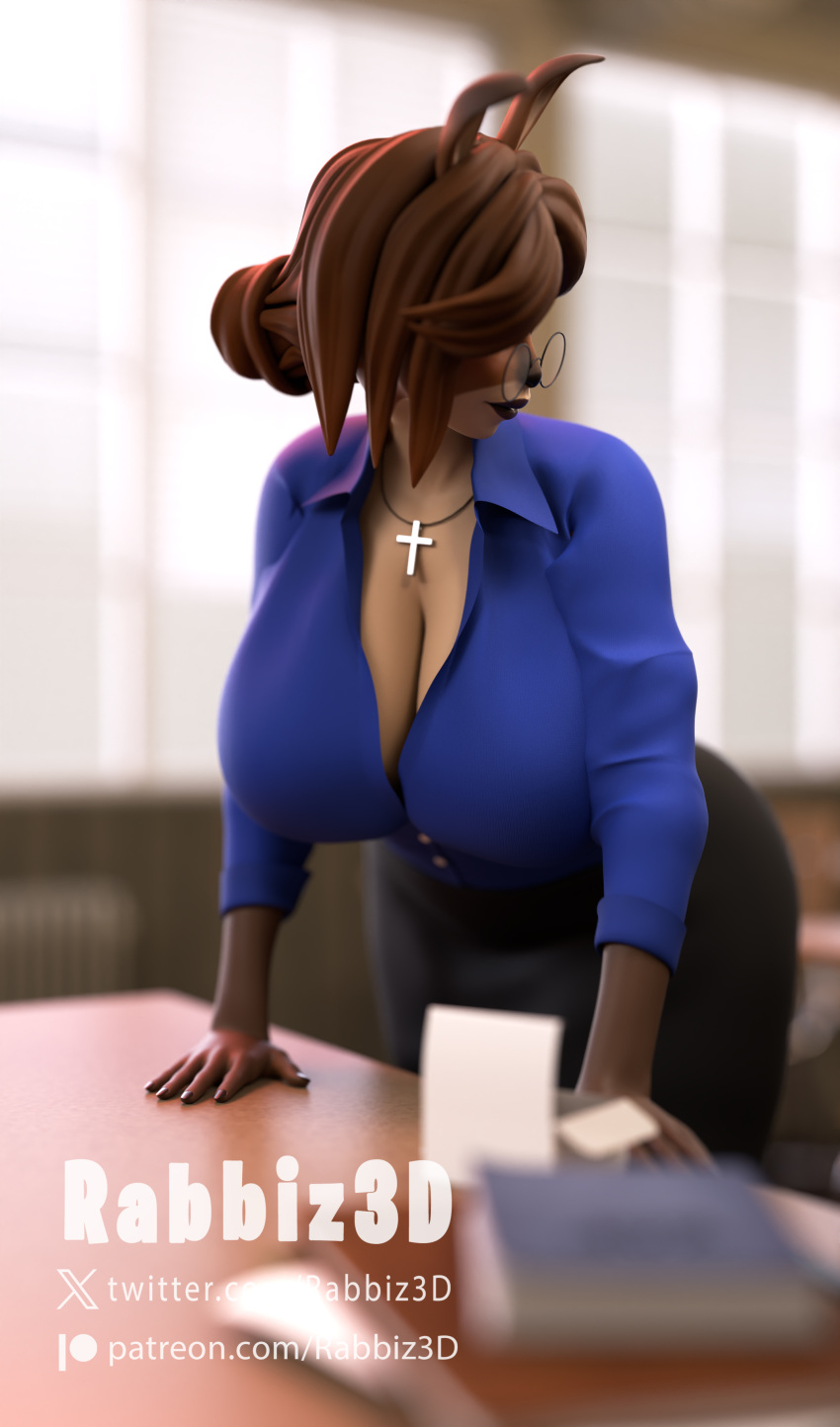 2024 3d_(artwork) absurd_res anthro applebottom_family beauty_mark bent_over big_breasts breasts catherine_applebottom classroom clothed clothing cross cross_necklace deer desk digital_media_(artwork) eyewear eyewear_on_head female footwear fur furniture glasses glasses_on_head hi_res high_heels hollandworks jewelry mammal mature_female necklace rabbiz3d school smile solo table teacher text url