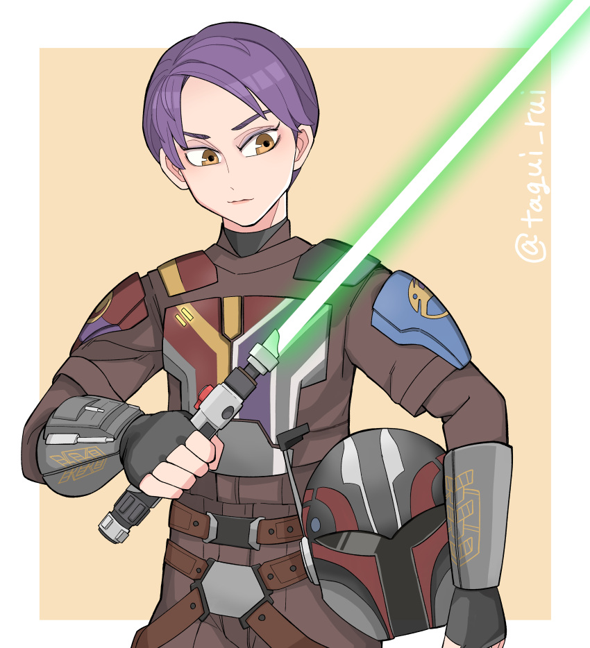 1girl absurdres animification armor belt body_armor brown_eyes commentary_request energy_sword fingerless_gloves gloves helmet highres lightsaber looking_down looking_to_the_side mandalorian purple_hair sabine_wren science_fiction serious short_hair signature spoilers star_wars star_wars:_ahsoka star_wars:_rebels sword unworn_headwear unworn_helmet upper_body user_rhkk8755 vest weapon