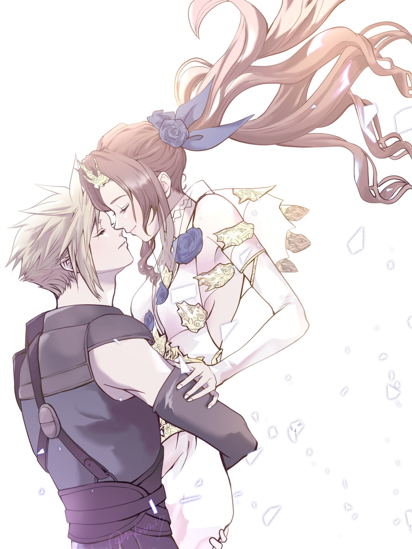 1boy 1girl absurdres aerith_gainsborough aerith_gainsborough_(prism_dress) armor arms_around_waist belt black_sleeves blonde_hair blue_flower blue_ribbon blue_rose breasts brown_hair closed_eyes cloud_strife cloud_strife_(murasame) couple detached_sleeves dress dress_flower final_fantasy final_fantasy_vii final_fantasy_vii_ever_crisis final_fantasy_vii_remake flower gold_trim hair_flower hair_ornament hair_ribbon hand_on_another's_arm hetero highres imminent_kiss long_hair makiron medium_breasts official_alternate_costume parted_bangs plunging_neckline ponytail ribbon rose see-through see-through_sleeves short_hair shoulder_armor sidelocks sleeveless sleeveless_dress spiked_hair suspenders tiara upper_body wavy_hair white_background white_dress white_sleeves