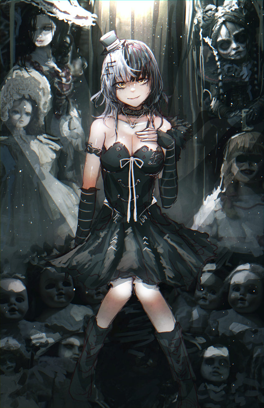 1girl absurdres advarcher black_choker black_dress black_gloves black_hair black_socks breasts choker cleavage closed_mouth commentary_request doll dress elbow_gloves feet_out_of_frame fingerless_gloves gloves grey_hair hand_on_own_chest hat highres hololive hololive_english horror_(theme) lace lace_choker large_breasts light_particles long_hair looking_at_viewer mini_hat multicolored_hair shiori_novella shiori_novella_(1st_costume) short_dress sitting smile socks solo split-color_hair strapless strapless_dress tilted_headwear virtual_youtuber yellow_eyes